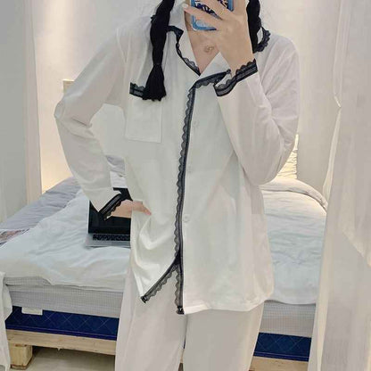 Elegant White Lace Trim Split Bottom Pajama Set (EG217)