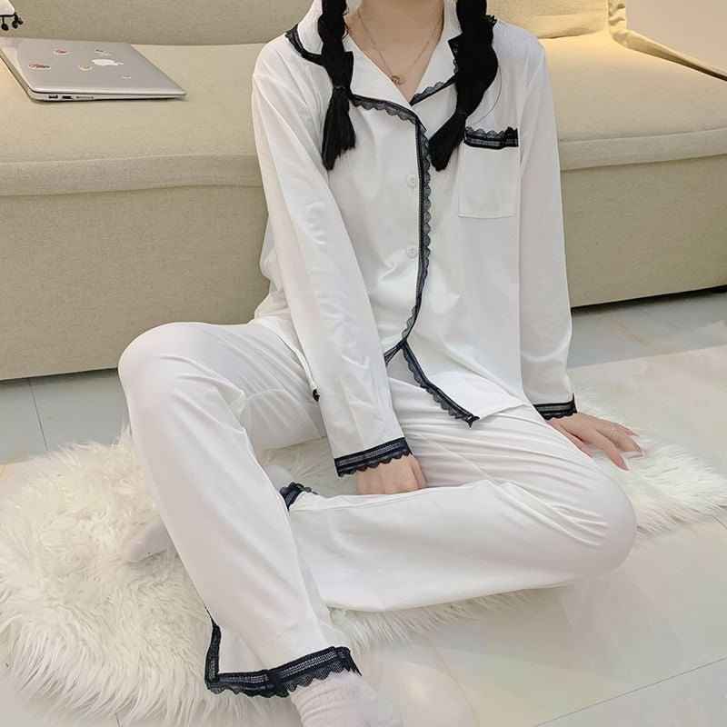Elegant White Lace Trim Split Bottom Pajama Set (EG217)