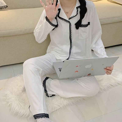 Elegant White Lace Trim Split Bottom Pajama Set (EG217)