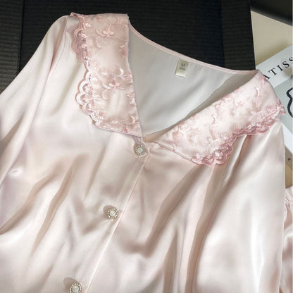 Embroidered Lace Ice Silk Pajama Set - Elara Global