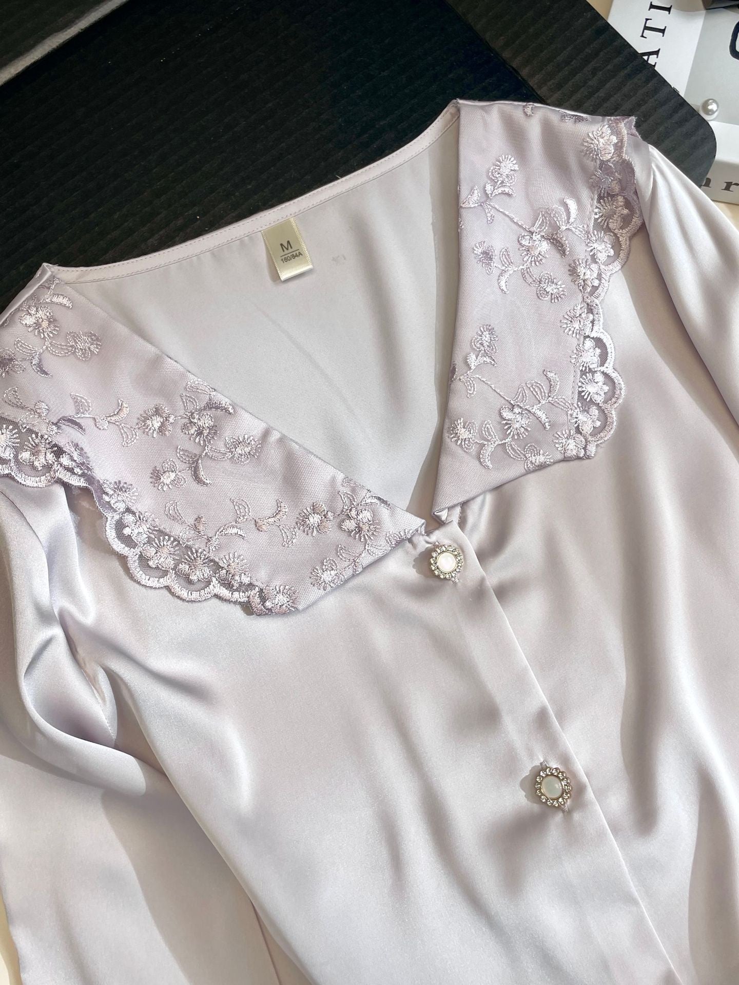 Embroidered Lace Ice Silk Pajama Set - Elara Global