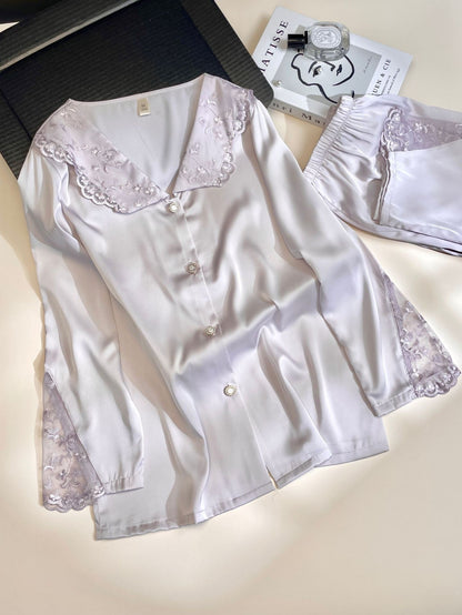 Embroidered Lace Ice Silk Pajama Set - Elara Global