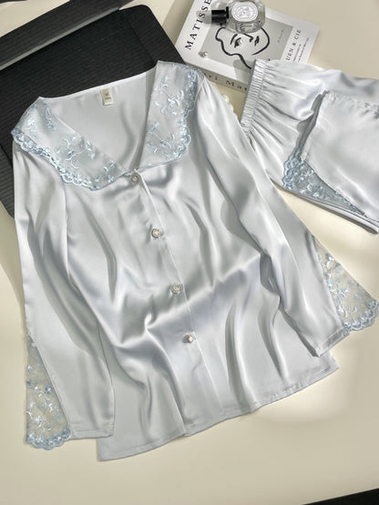 Embroidered Lace Ice Silk Pajama Set (EG212) - Elara Global