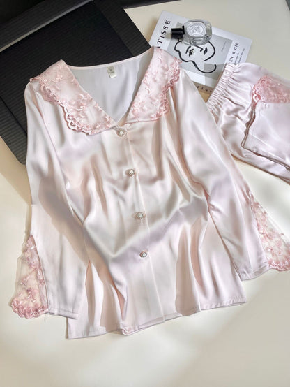 Embroidered Lace Ice Silk Pajama Set (EG212) - Elara Global