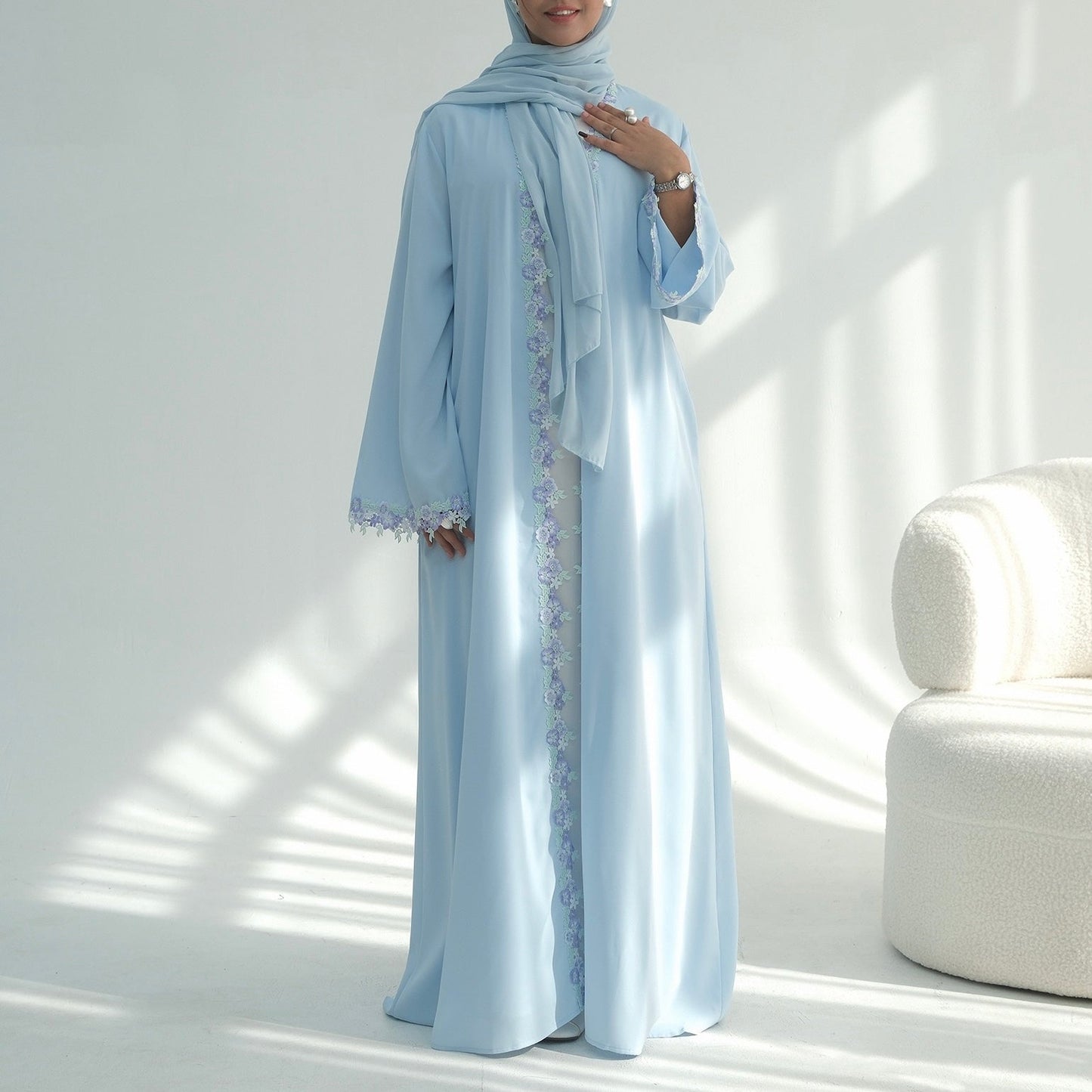 Floral Edge Open Abaya Cardigan With Matching Hijab (EG123) - Elara Global