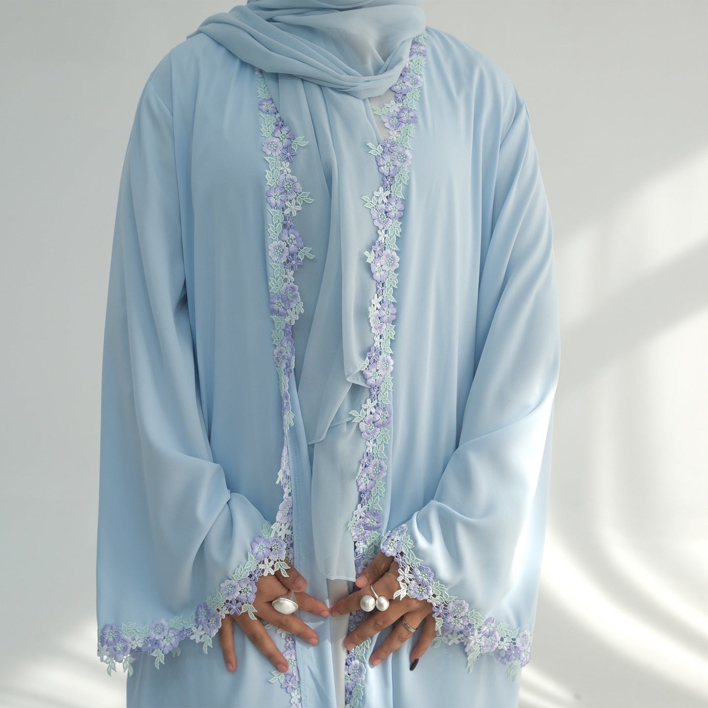 Floral Edge Open Abaya Cardigan With Matching Hijab (EG123) - Elara Global