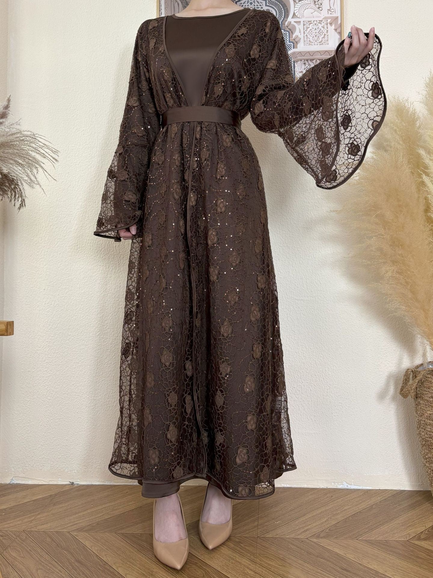 Floral Lace, Elegant Bell Sleeve Open 2 - Piece Abaya Set (EG115) - Elara Global