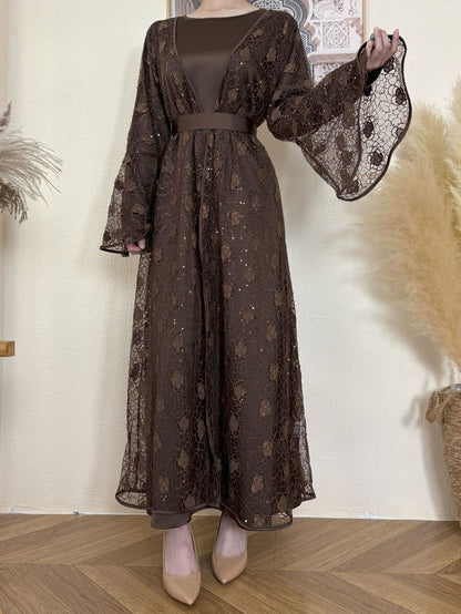Floral Lace, Elegant Bell Sleeve Open 2 - Piece Abaya Set (EG115) - Elara Global