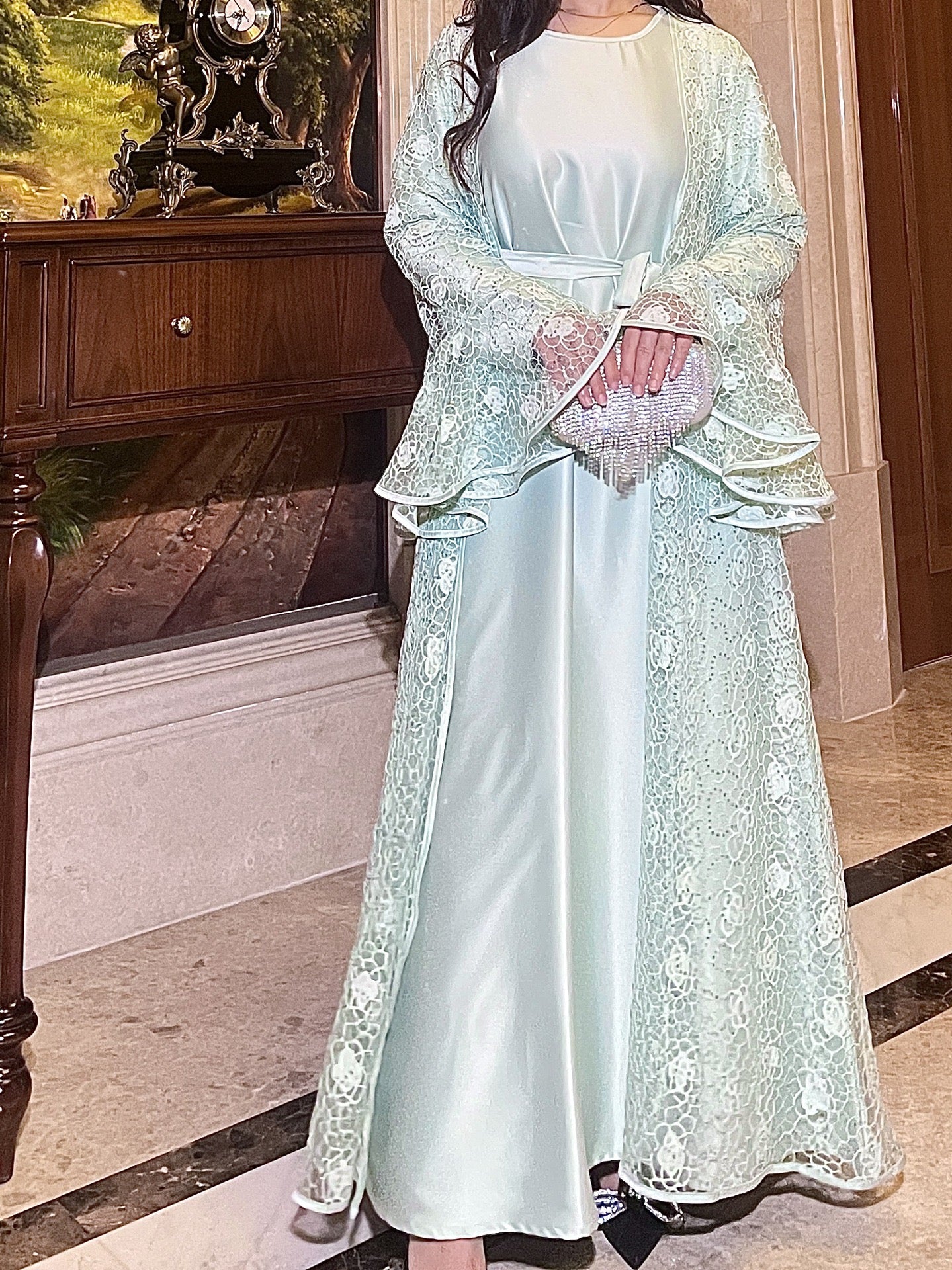 Floral Lace, Elegant Bell Sleeve Open 2 - Piece Abaya Set (EG115) - Elara Global