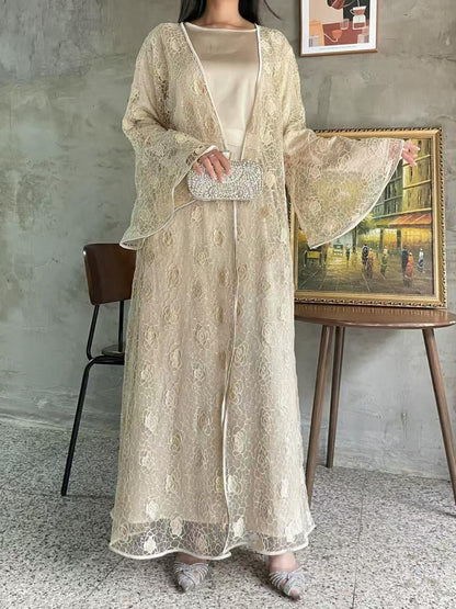 Floral Lace, Elegant Bell Sleeve Open 2 - Piece Abaya Set (EG115) - Elara Global