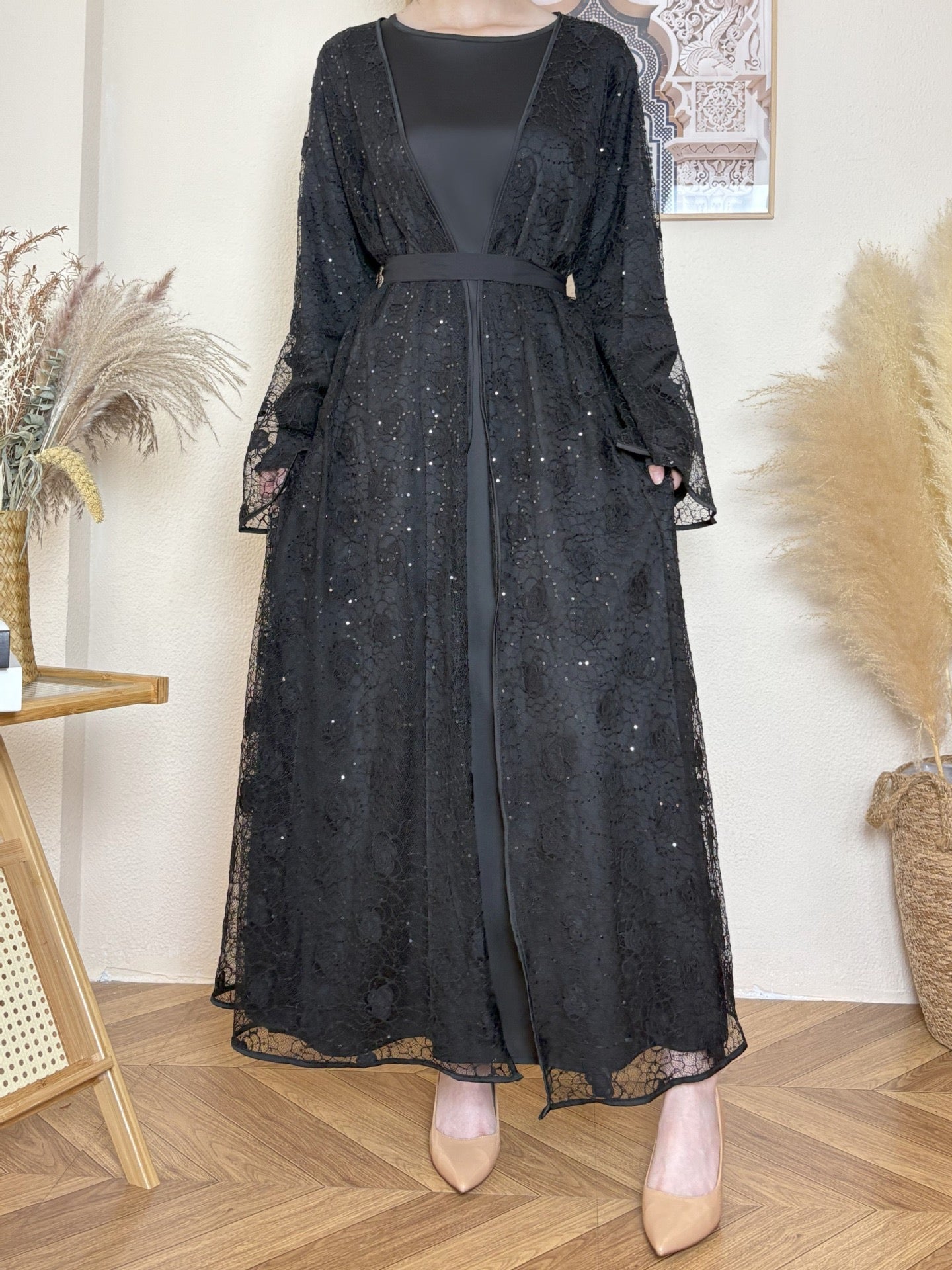 Floral Lace, Elegant Bell Sleeve Open 2 - Piece Abaya Set (EG115) - Elara Global