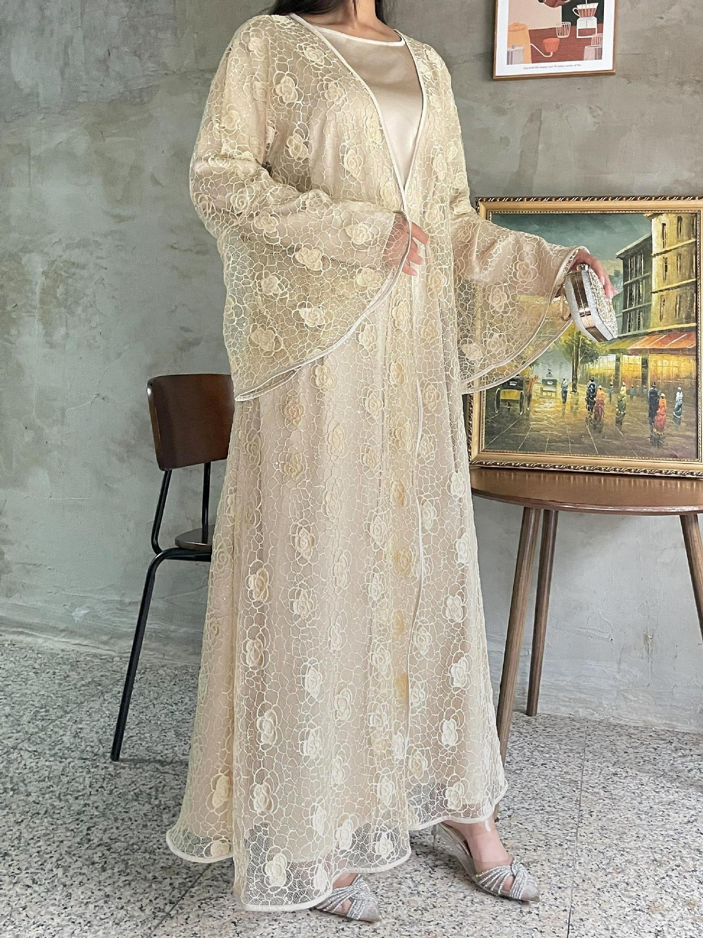 Floral Lace, Elegant Bell Sleeve Open 2 - Piece Abaya Set (EG115) - Elara Global