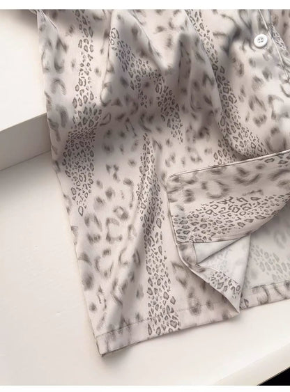 Ice Silk Leopard Print Button - Up Pajama Set (EG220) - Elara Global