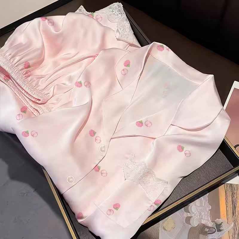 Ice Silk Long Sleeved Lace - Trim Pajama Set - Pink (EG219) - Elara Global