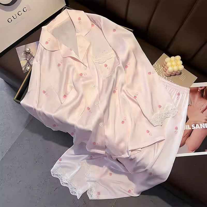 Ice Silk Long Sleeved Lace - Trim Pajama Set - Pink (EG219) - Elara Global