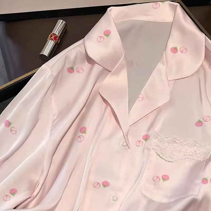 Ice Silk Long Sleeved Lace - Trim Pajama Set - Pink (EG219) - Elara Global