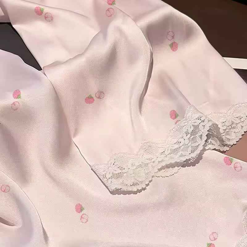 Ice Silk Long Sleeved Lace - Trim Pajama Set - Pink (EG219) - Elara Global