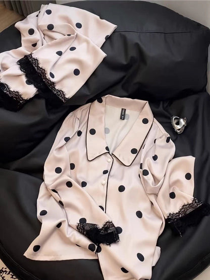 Ice Silk Long - Sleeved Polka Dot Pajama Set (EG207) - Elara Global