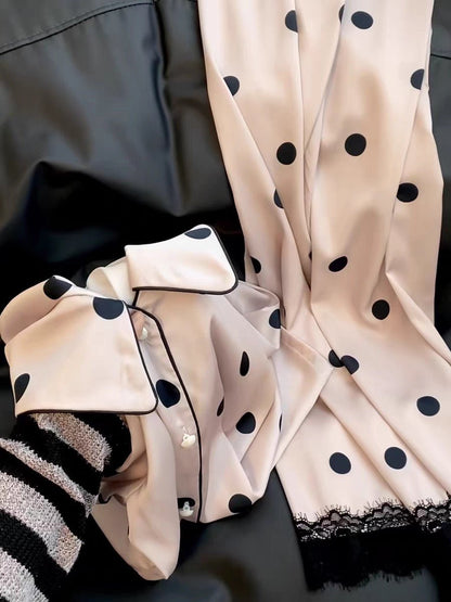 Ice Silk Long - Sleeved Polka Dot Pajama Set (EG207) - Elara Global
