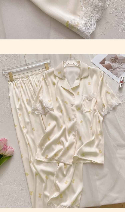 Ice Silk Long Sleeved Lace-Trim Pajama Set (EG205) (Copy)