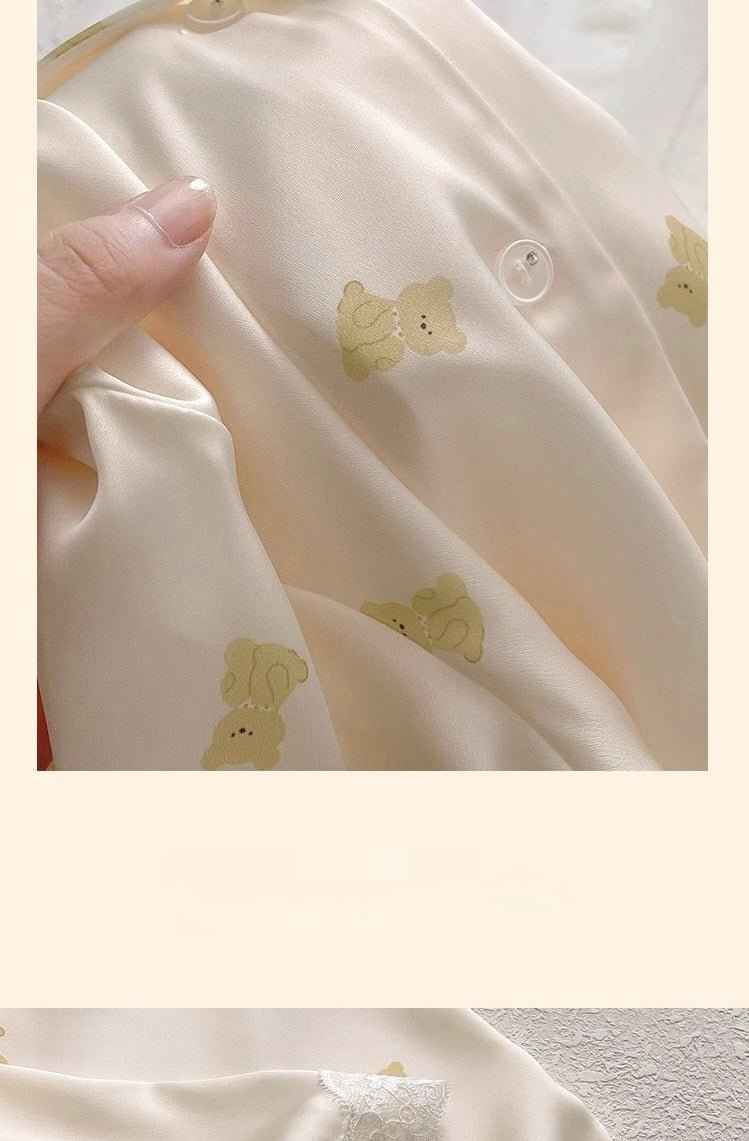 Ice Silk Long Sleeved Lace-Trim Pajama Set (EG205) (Copy)