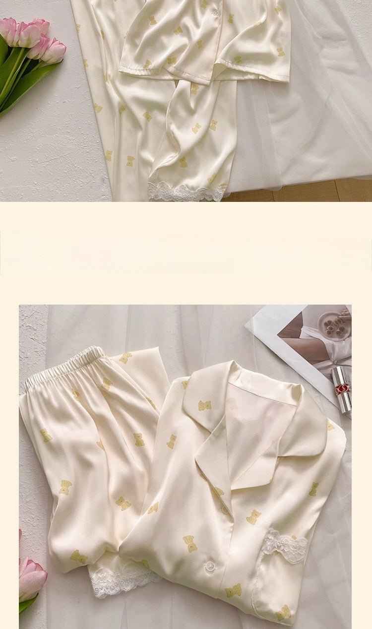 Ice Silk Long Sleeved Lace-Trim Pajama Set (EG205) (Copy)