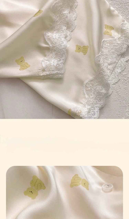 Ice Silk Long Sleeved Lace-Trim Pajama Set (EG205) (Copy)