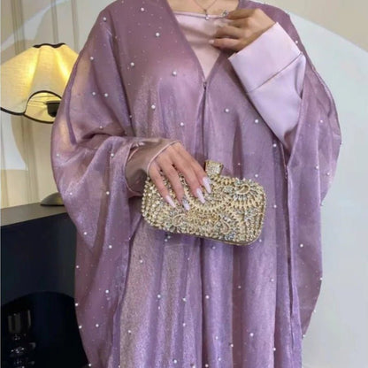 Kaftan Beaded Dazzling Shiny Open Abaya 2 - Piece (EG104) - Elara Global