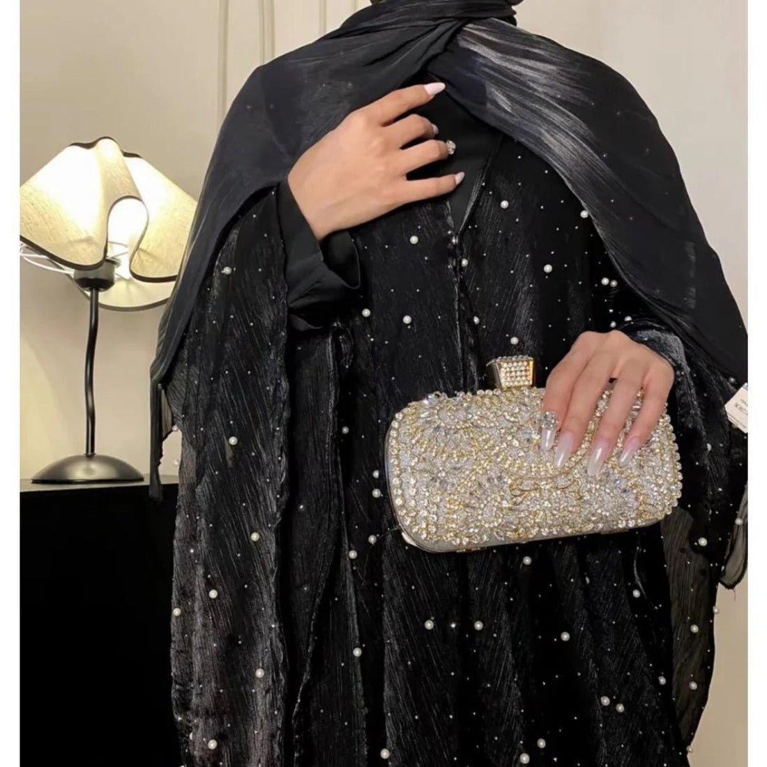 Kaftan Beaded Dazzling Shiny Open Abaya 2 - Piece (EG104) - Elara Global