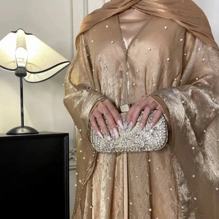 Kaftan Beaded Dazzling Shiny Open Abaya 2 - Piece (EG104) - Elara Global