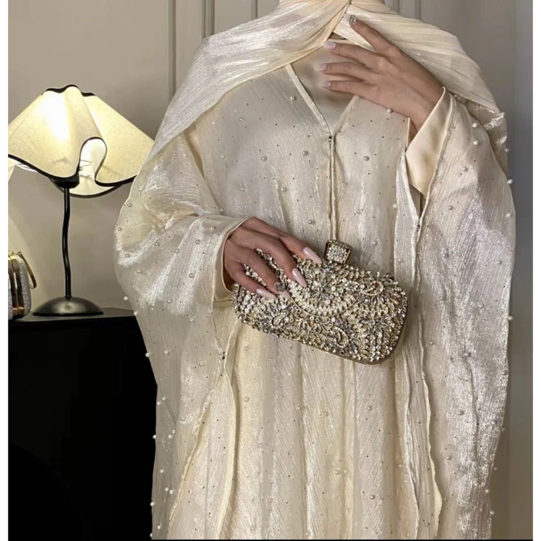 Kaftan Beaded Dazzling Shiny Open Abaya 2 - Piece (EG104) - Elara Global
