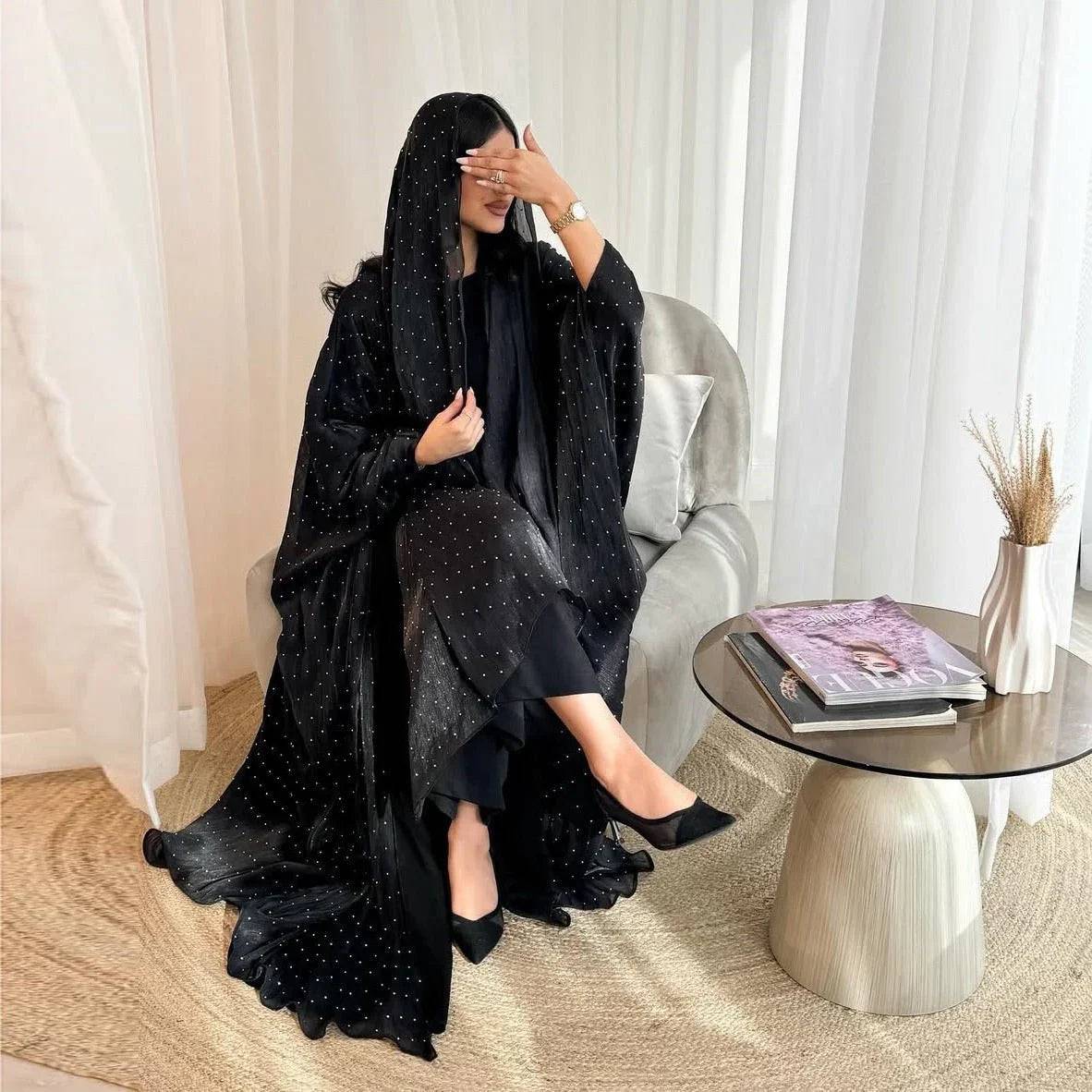 Luxury Muslim Starlight Evening Wear Abaya Set | Midnight Blue Diamond - Embellished with Matching Hijab - The Lyon