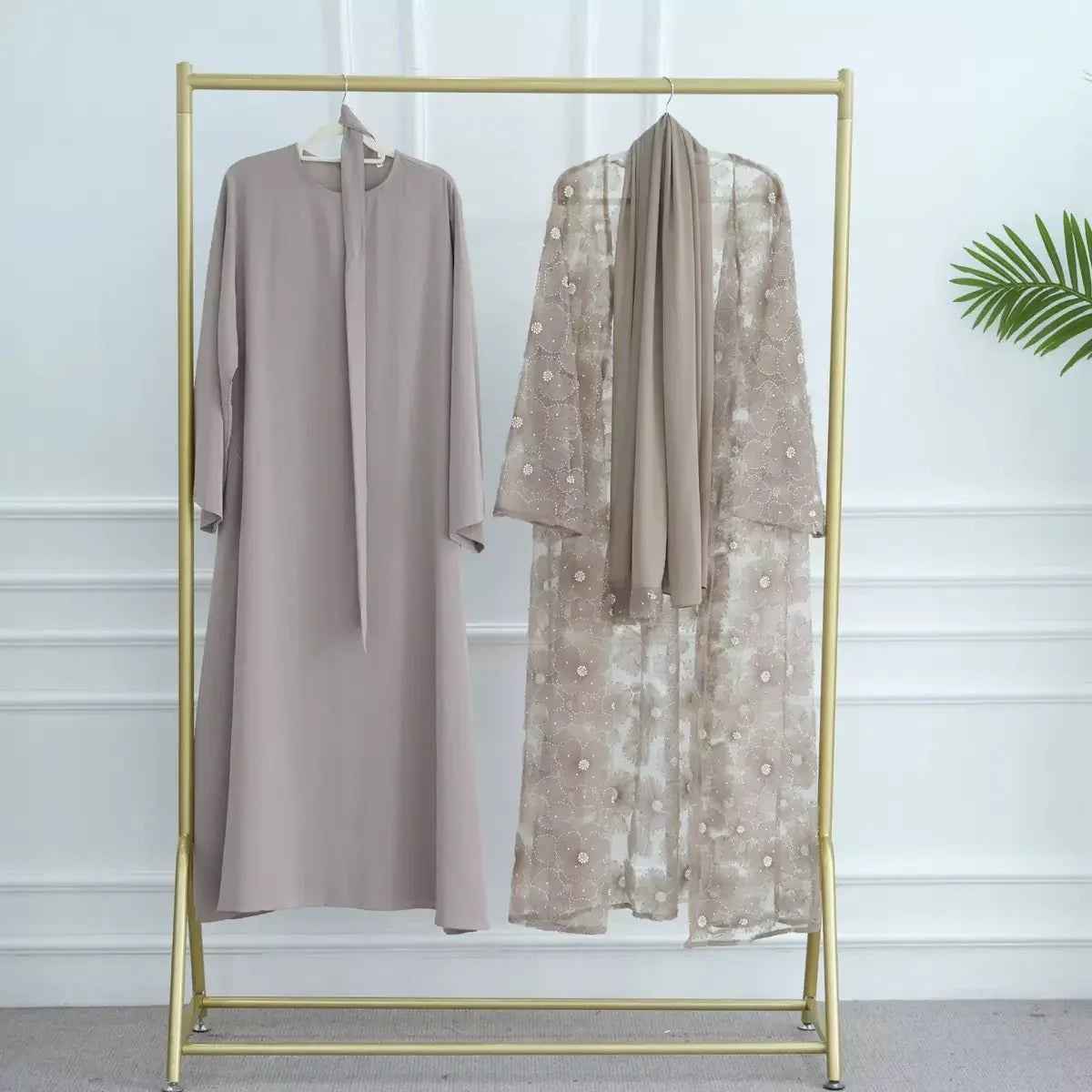 Mesh Flower Bead Open Abaya Set | Elegant Muslim Wedding Guest Outfit (EG107)
