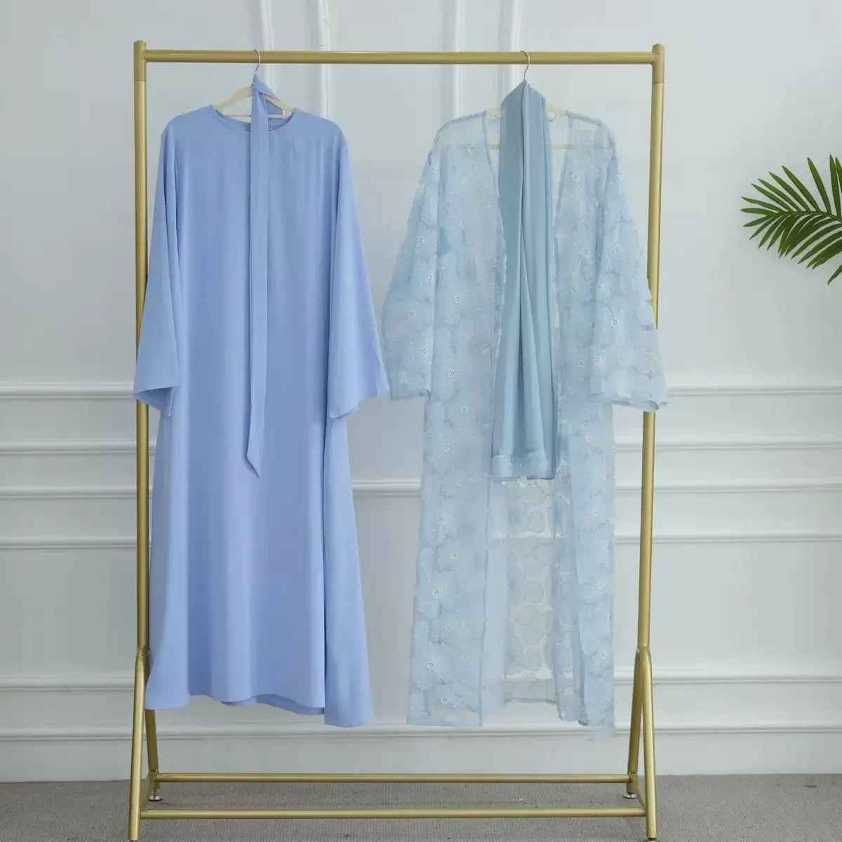 Mesh Flower Bead Open Abaya Set | Elegant Muslim Wedding Guest Outfit (EG107)
