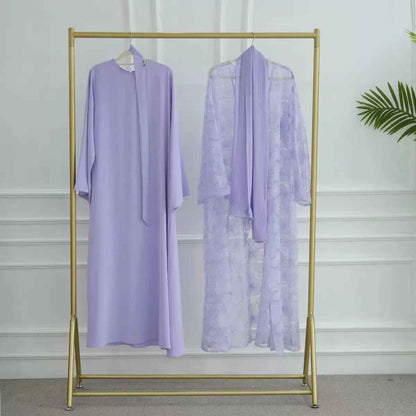 Mesh Flower Bead Open Abaya Set | Elegant Muslim Wedding Guest Outfit (EG107)