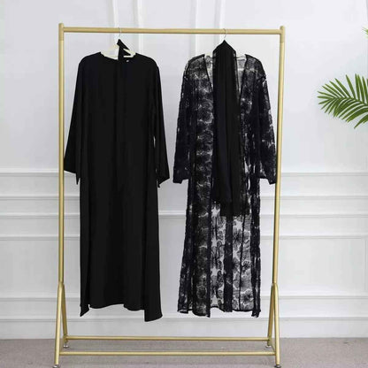 Mesh Flower Bead Open Abaya Set | Elegant Muslim Wedding Guest Outfit (EG107)