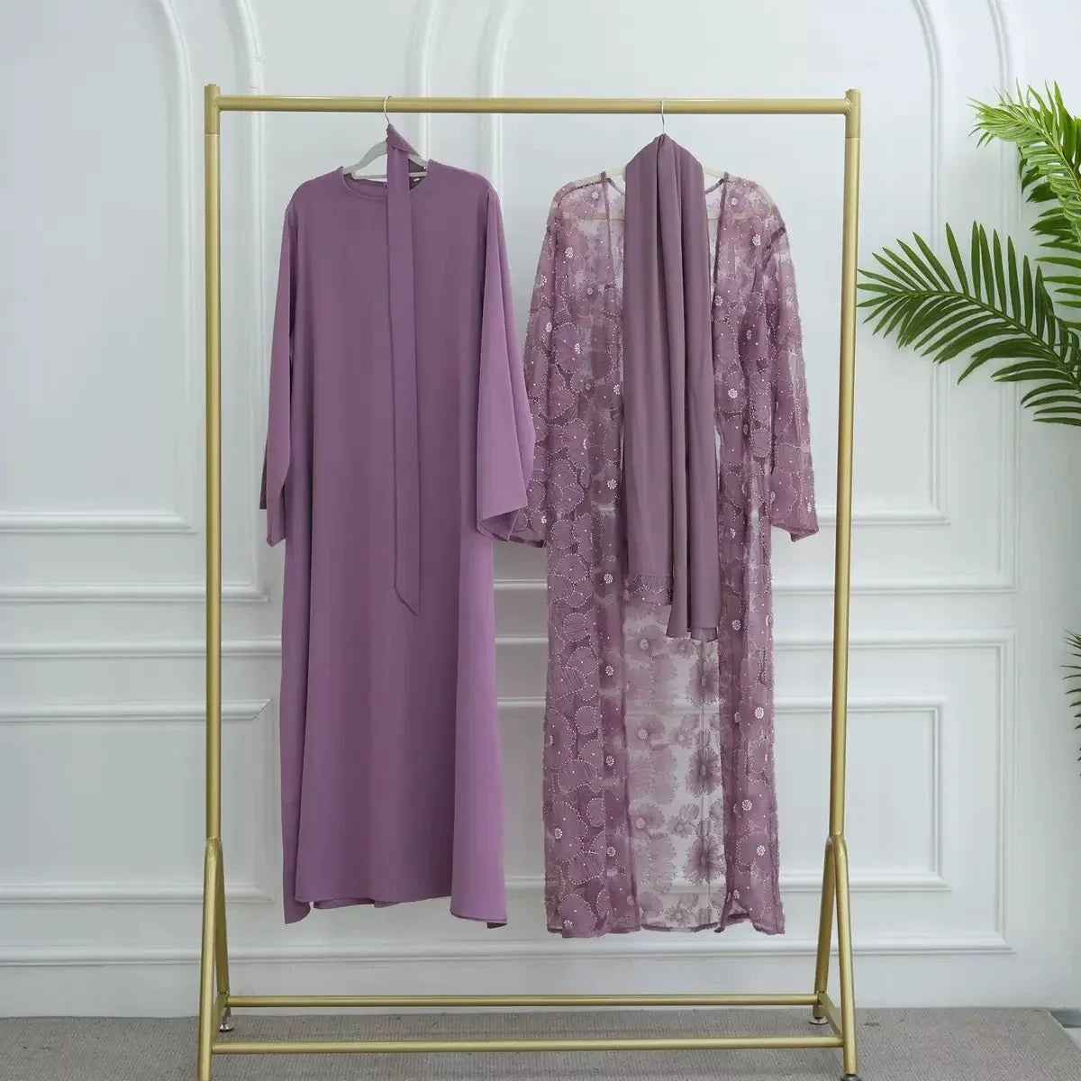 Mesh Flower Bead Open Abaya Set | Elegant Muslim Wedding Guest Outfit (EG107)