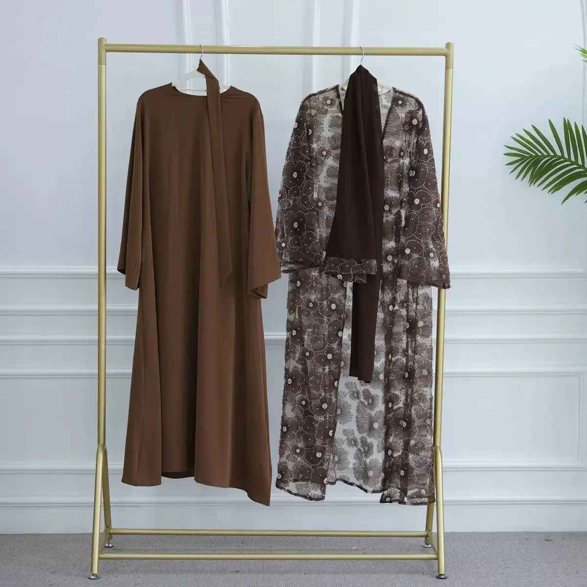 Mesh Flower Bead Open Abaya Set | Elegant Muslim Wedding Guest Outfit (EG107)