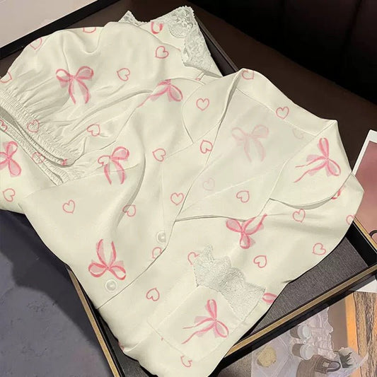 Pastel Pink Bow & Heart Lace - Trim Pajama Set (EG215) - Elara Global