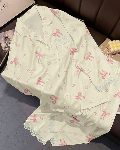 Pastel Pink Bow & Heart Lace - Trim Pajama Set (EG215) - Elara Global