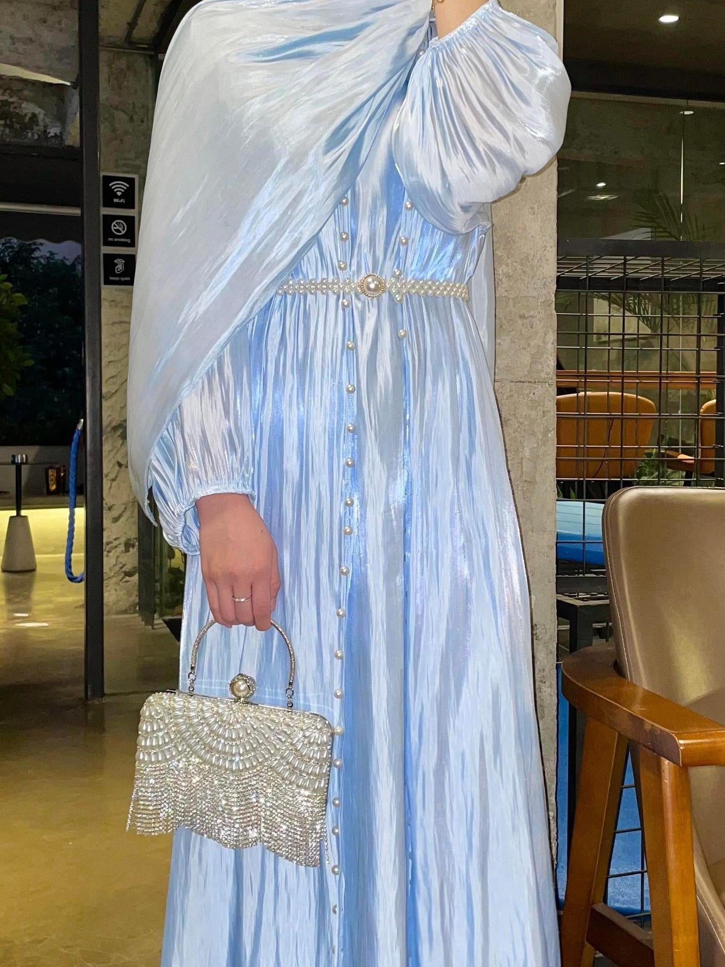 Pearl abaya set - eid modest wear dress with hijab and belt (EG131) - Elara Global