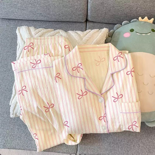 Pink Ribbon Striped Button - Up Pajama Set (EG213) - Elara Global
