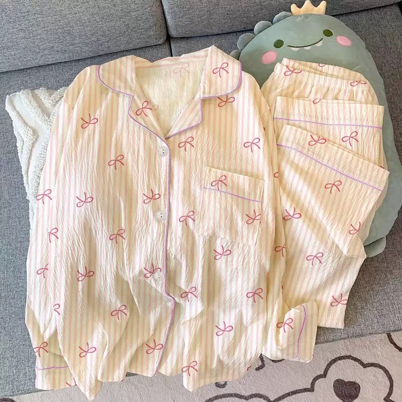 Pink Ribbon Striped Button - Up Pajama Set (EG213) - Elara Global