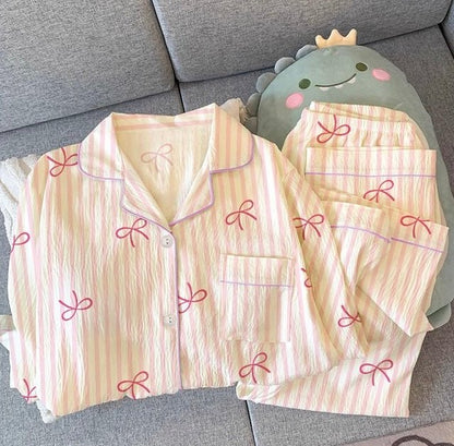 Pink Ribbon Striped Button - Up Pajama Set (EG213) - Elara Global