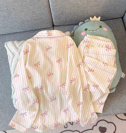 Pink Ribbon Striped Button - Up Pajama Set (EG213) - Elara Global