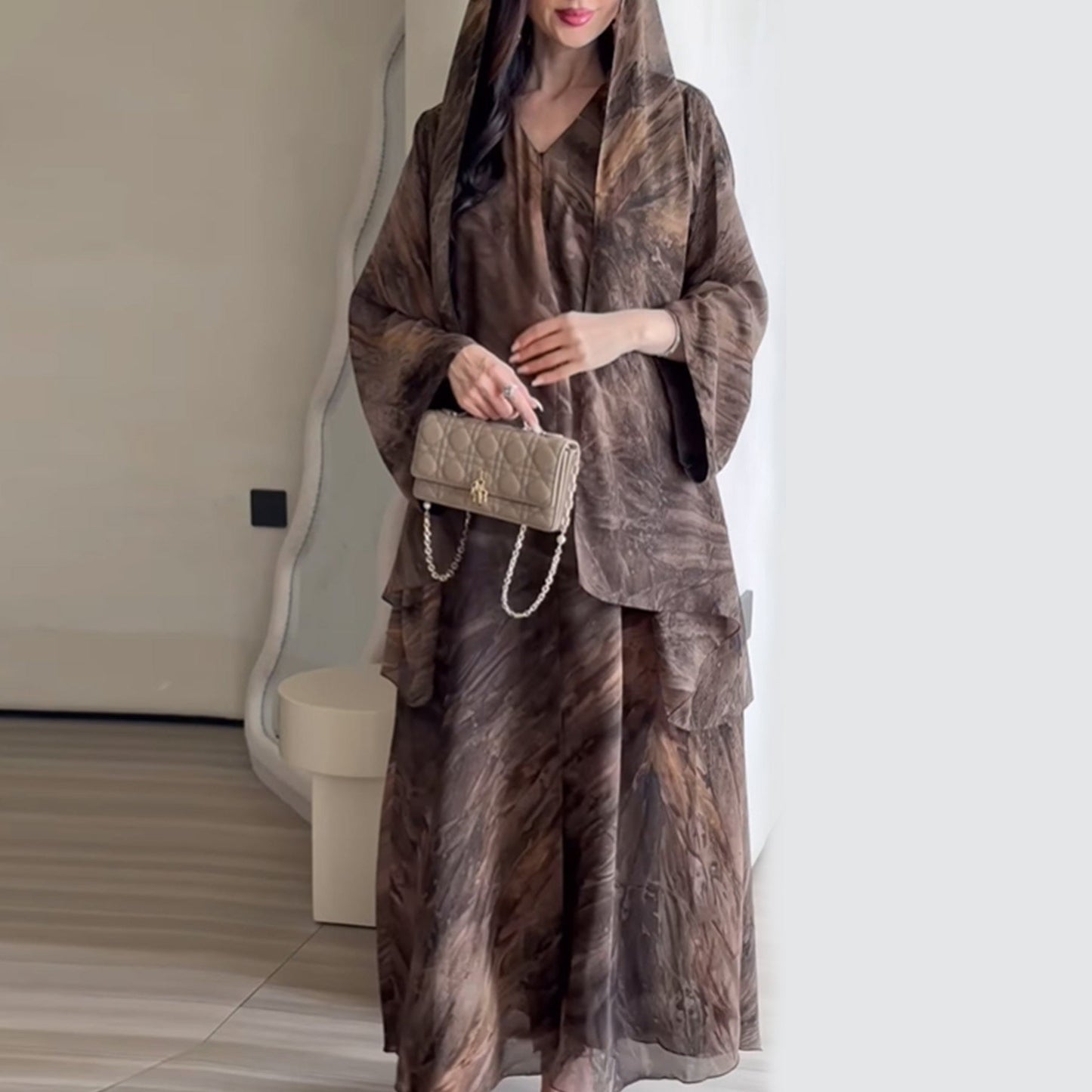 Printed Cardigan & Abaya Collection | Modest Luxury Loungewear, Feather Print Robes (EG127) - Elara Global