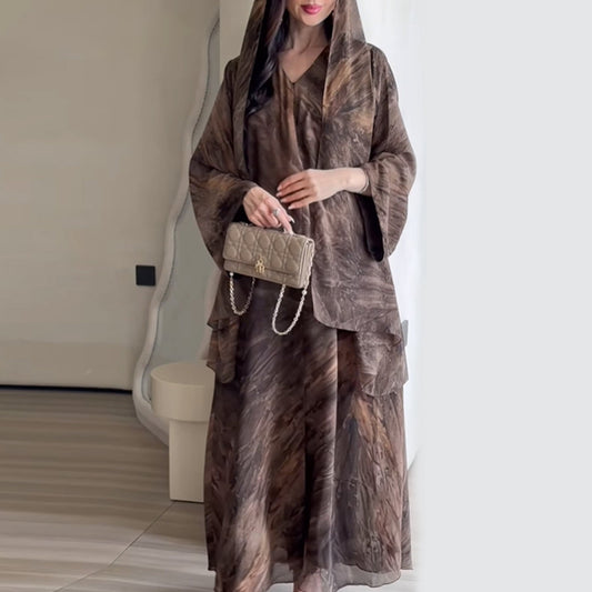 Printed Cardigan & Abaya Collection | Modest Luxury Loungewear, Feather Print Robes (EG127) - Elara Global