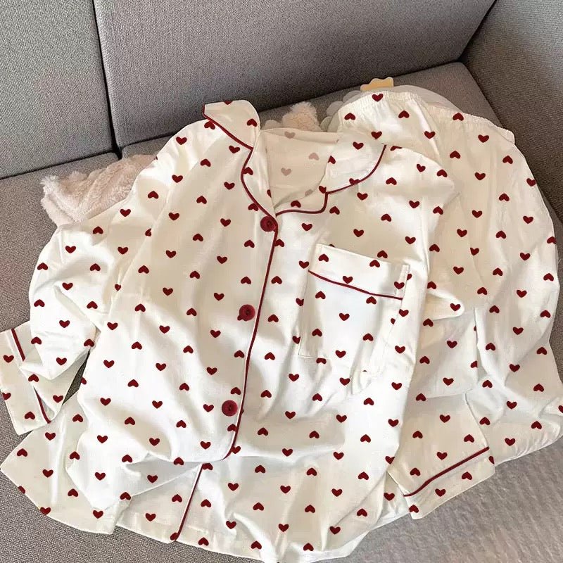 Red Heart Print Classic Button Pajama Set (EG214) - Elara Global