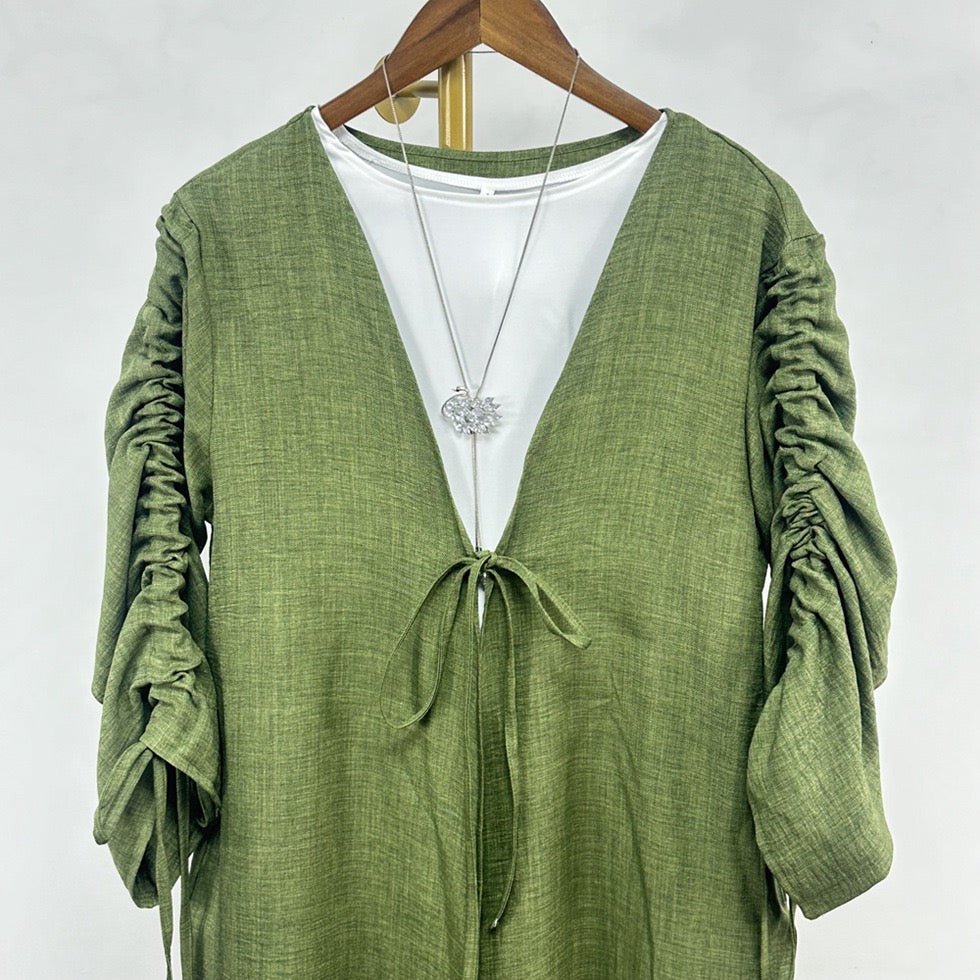 Ruched Sleeves Cardigan Abaya (EG119) - Elara Global