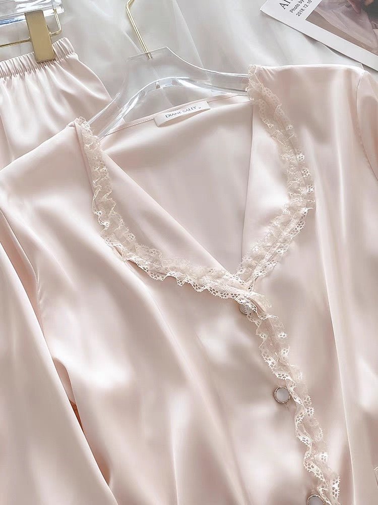 Satin Silk Lace - Trim Pajama Set - Elara Global